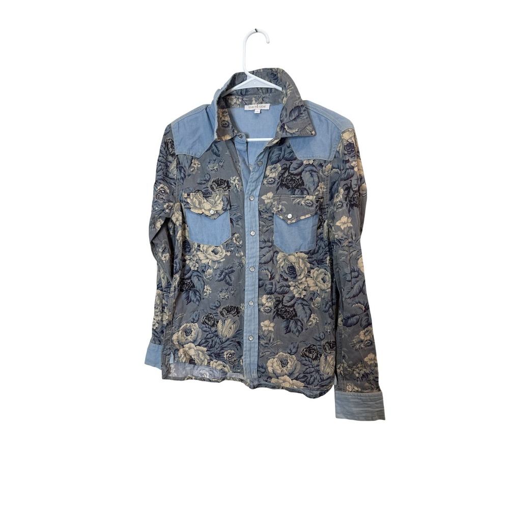 Love The Label Button Up Shirt Womens Small Blue Floral Corduroy Snap Front Top
